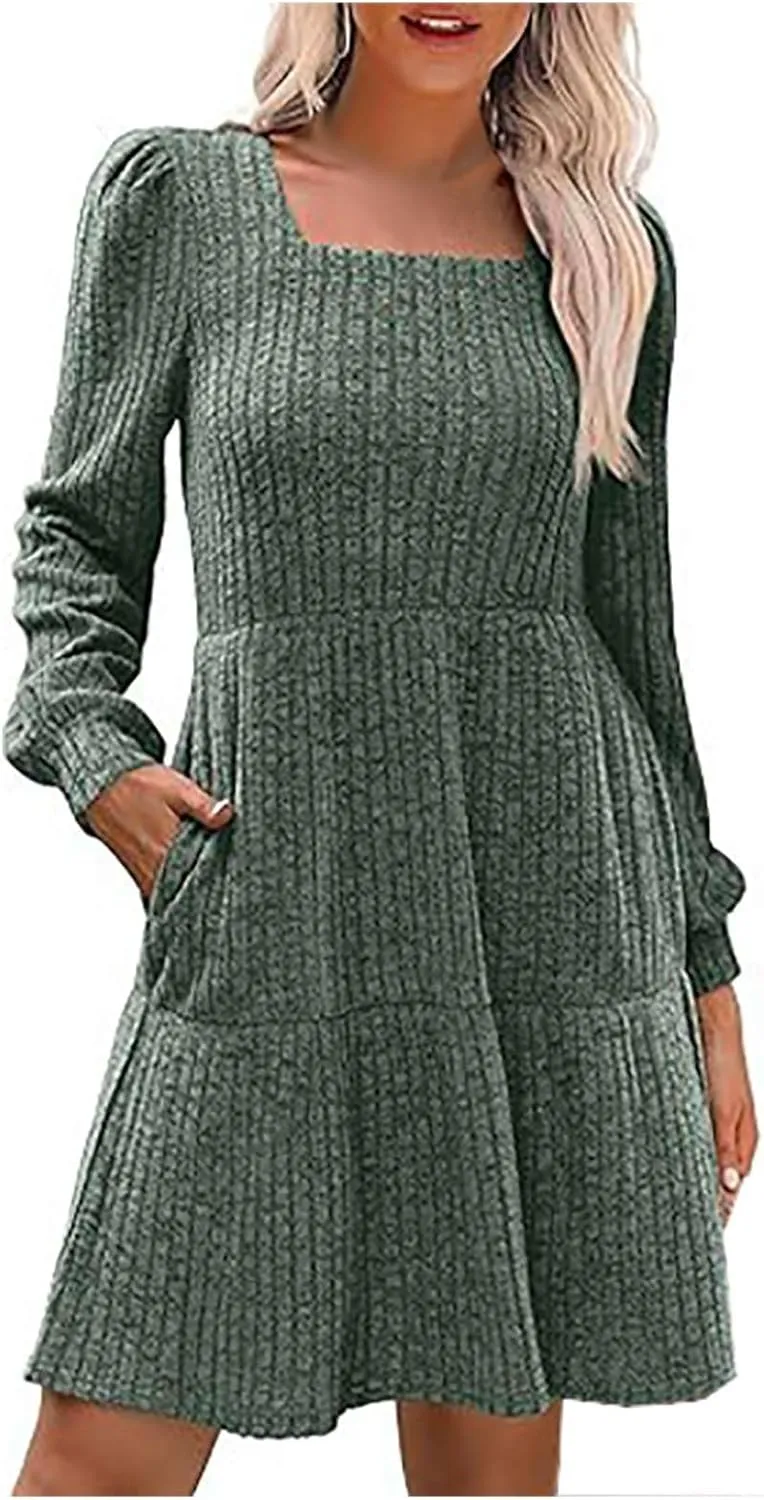 Xiaojmake Womens Square Neck Sweater Dress Long Sleeve Knit Dresses Fall Casual Babydoll Dress Ruffle A-Line Mini Dresses