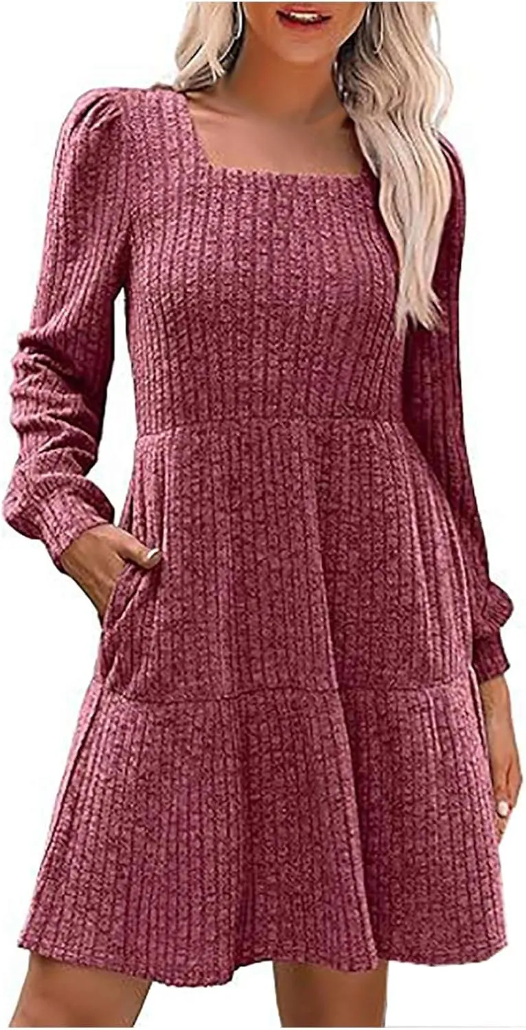 Xiaojmake Womens Square Neck Sweater Dress Long Sleeve Knit Dresses Fall Casual Babydoll Dress Ruffle A-Line Mini Dresses