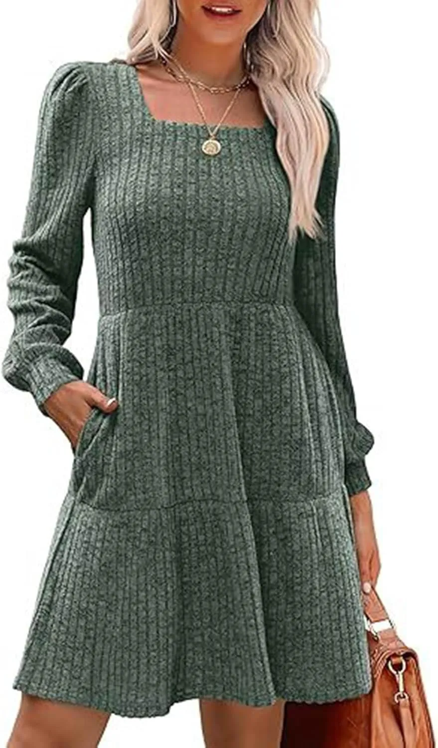 Xiaojmake Womens Square Neck Sweater Dress Long Sleeve Knit Dresses Fall Casual Babydoll Dress Ruffle A-Line Mini Dresses