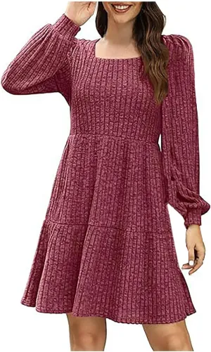 Xiaojmake Womens Square Neck Sweater Dress Long Sleeve Knit Dresses Fall Casual Babydoll Dress Ruffle A-Line Mini Dresses