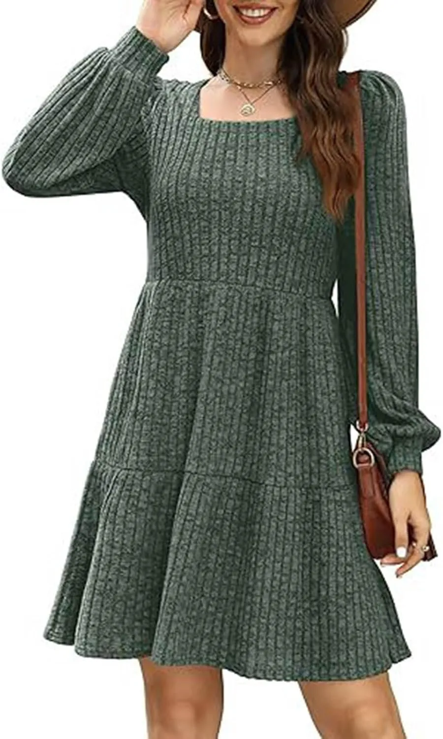 Xiaojmake Womens Square Neck Sweater Dress Long Sleeve Knit Dresses Fall Casual Babydoll Dress Ruffle A-Line Mini Dresses