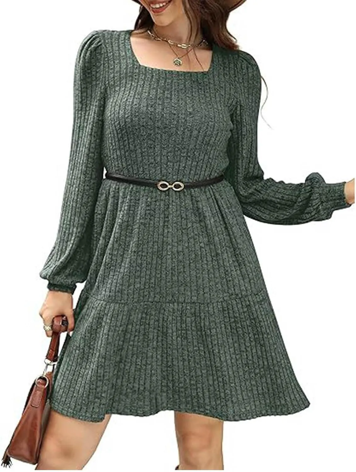 Xiaojmake Womens Square Neck Sweater Dress Long Sleeve Knit Dresses Fall Casual Babydoll Dress Ruffle A-Line Mini Dresses
