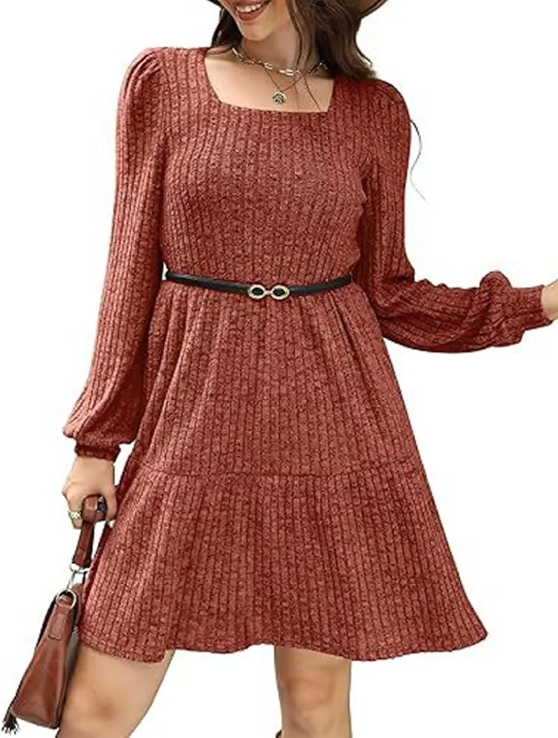 Xiaojmake Womens Square Neck Sweater Dress Long Sleeve Knit Dresses Fall Casual Babydoll Dress Ruffle A-Line Mini Dresses