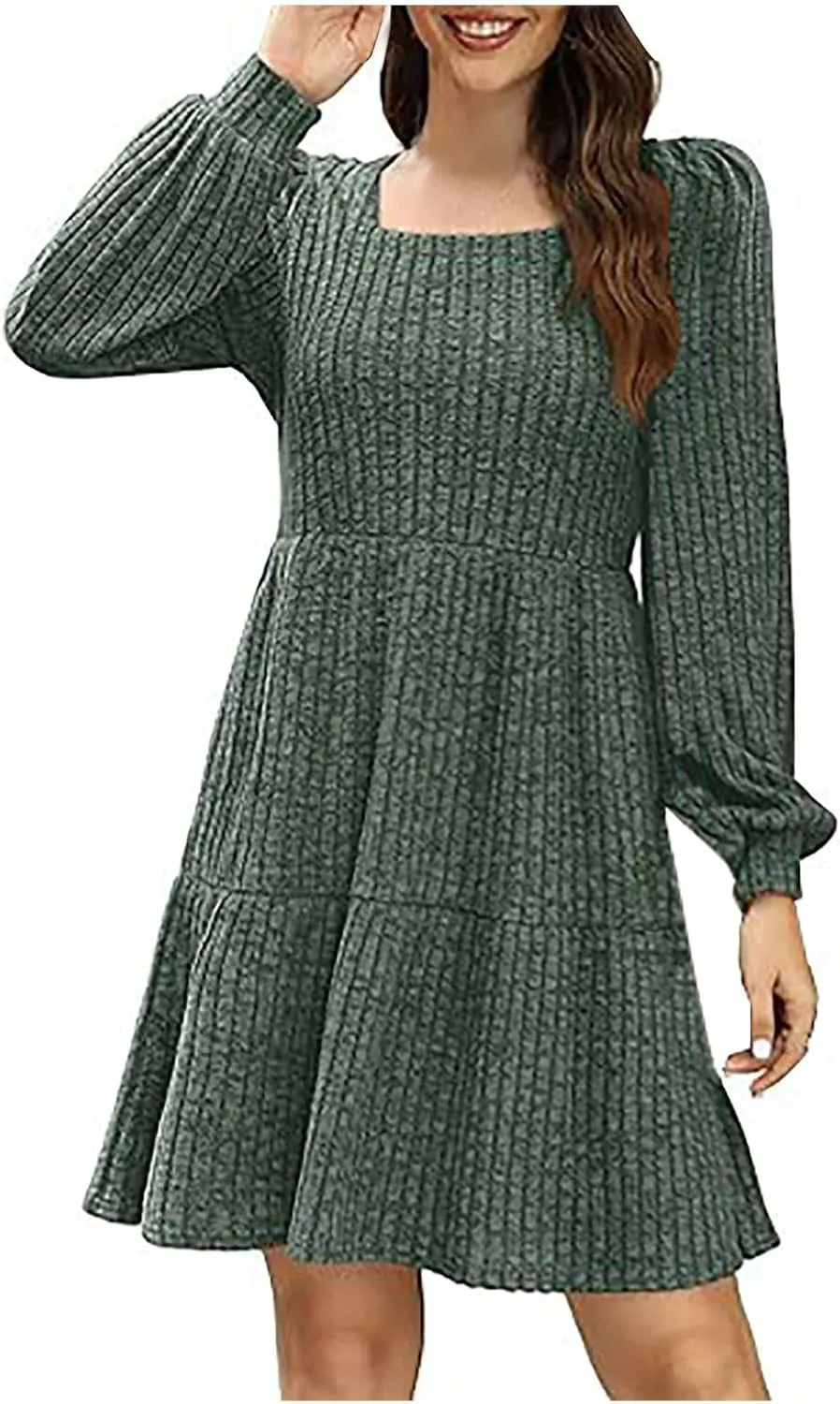 Xiaojmake Womens Square Neck Sweater Dress Long Sleeve Knit Dresses Fall Casual Babydoll Dress Ruffle A-Line Mini Dresses