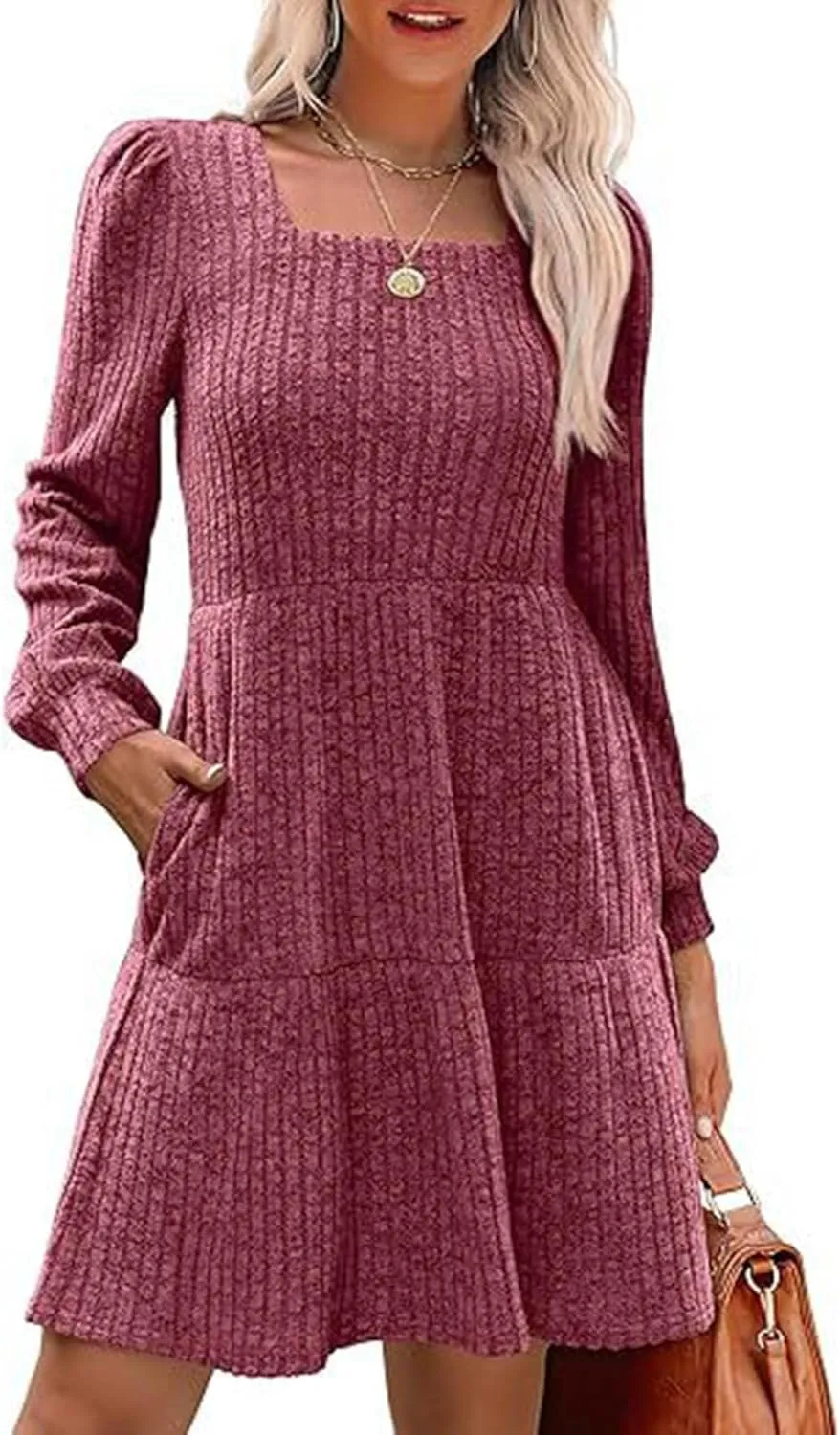 Xiaojmake Womens Square Neck Sweater Dress Long Sleeve Knit Dresses Fall Casual Babydoll Dress Ruffle A-Line Mini Dresses