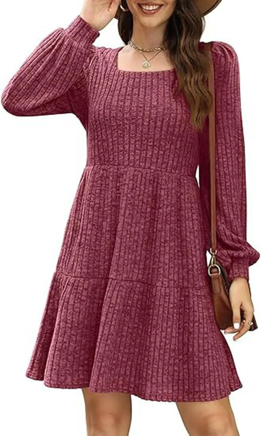 Xiaojmake Womens Square Neck Sweater Dress Long Sleeve Knit Dresses Fall Casual Babydoll Dress Ruffle A-Line Mini Dresses
