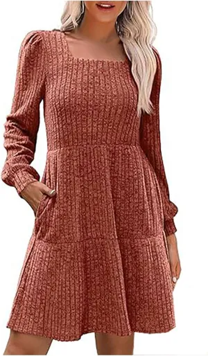 Xiaojmake Womens Square Neck Sweater Dress Long Sleeve Knit Dresses Fall Casual Babydoll Dress Ruffle A-Line Mini Dresses