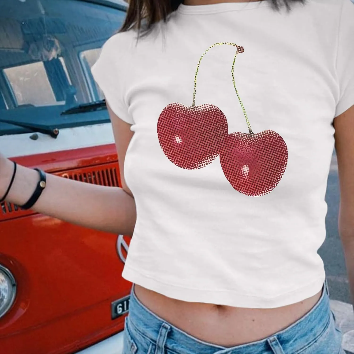 Y2k Shirt Baby Tees for Women Cute Cherry Graphic Cropped Shirt Vintage Print T Shirts 2000s Retro Aesthetic Tee Tops