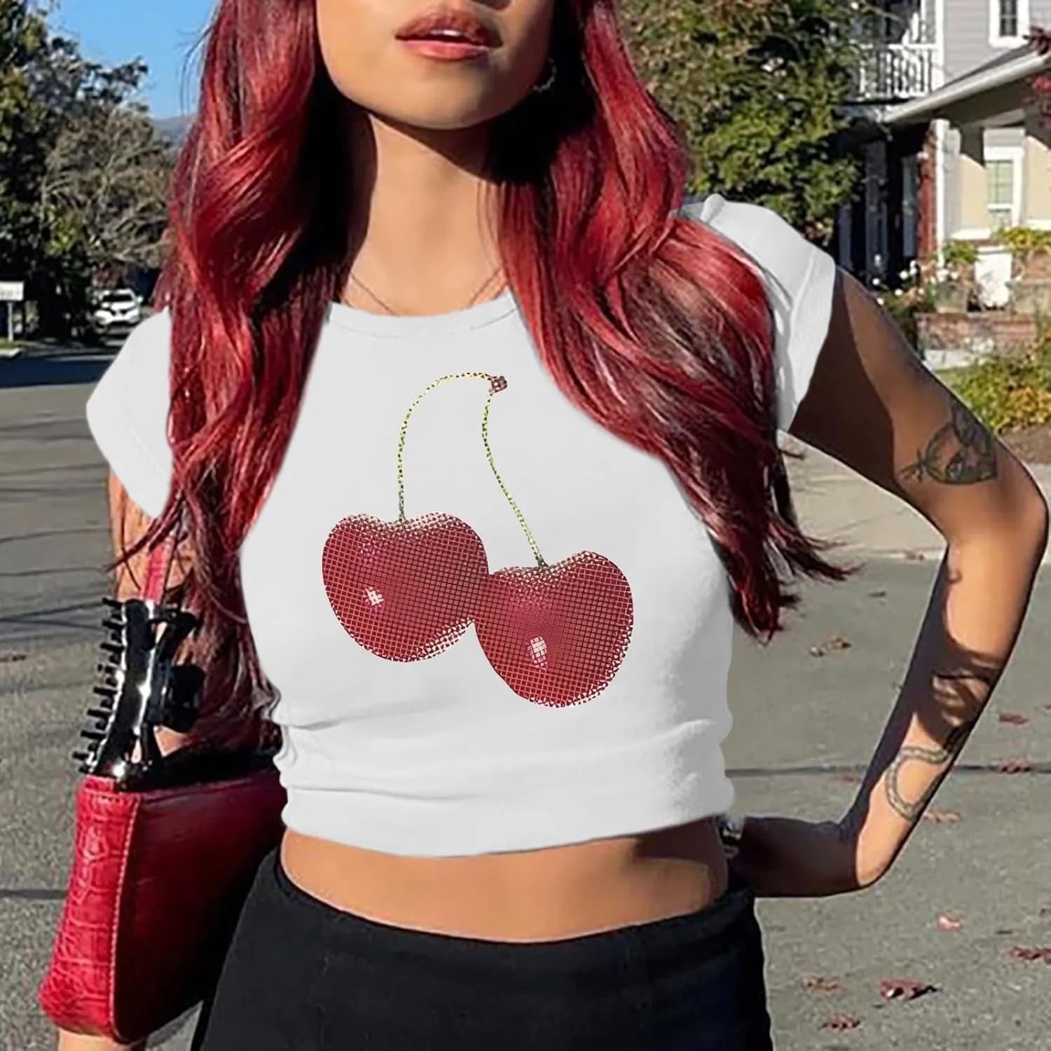 Y2k Shirt Baby Tees for Women Cute Cherry Graphic Cropped Shirt Vintage Print T Shirts 2000s Retro Aesthetic Tee Tops