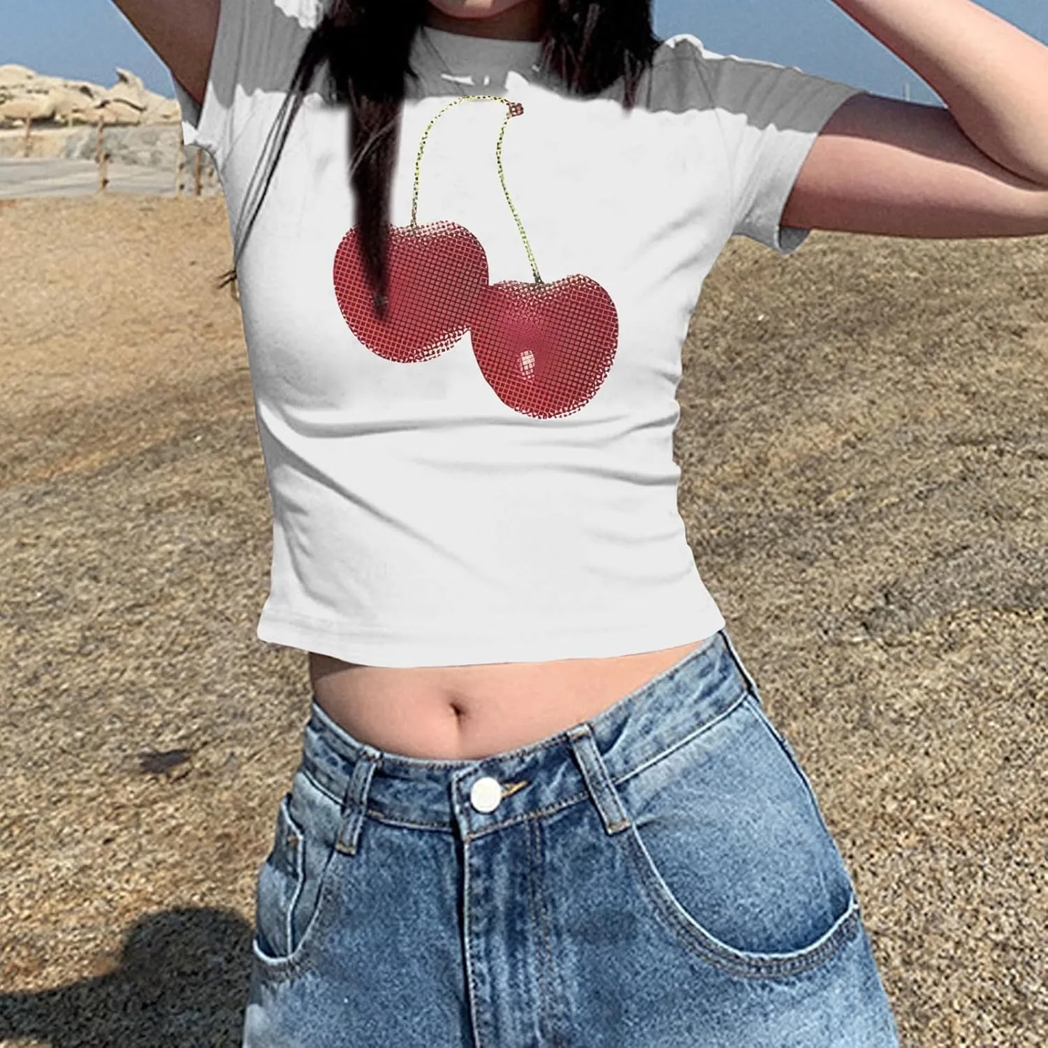 Y2k Shirt Baby Tees for Women Cute Cherry Graphic Cropped Shirt Vintage Print T Shirts 2000s Retro Aesthetic Tee Tops