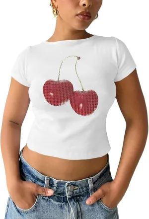 Y2k Shirt Baby Tees for Women Cute Cherry Graphic Cropped Shirt Vintage Print T Shirts 2000s Retro Aesthetic Tee Tops