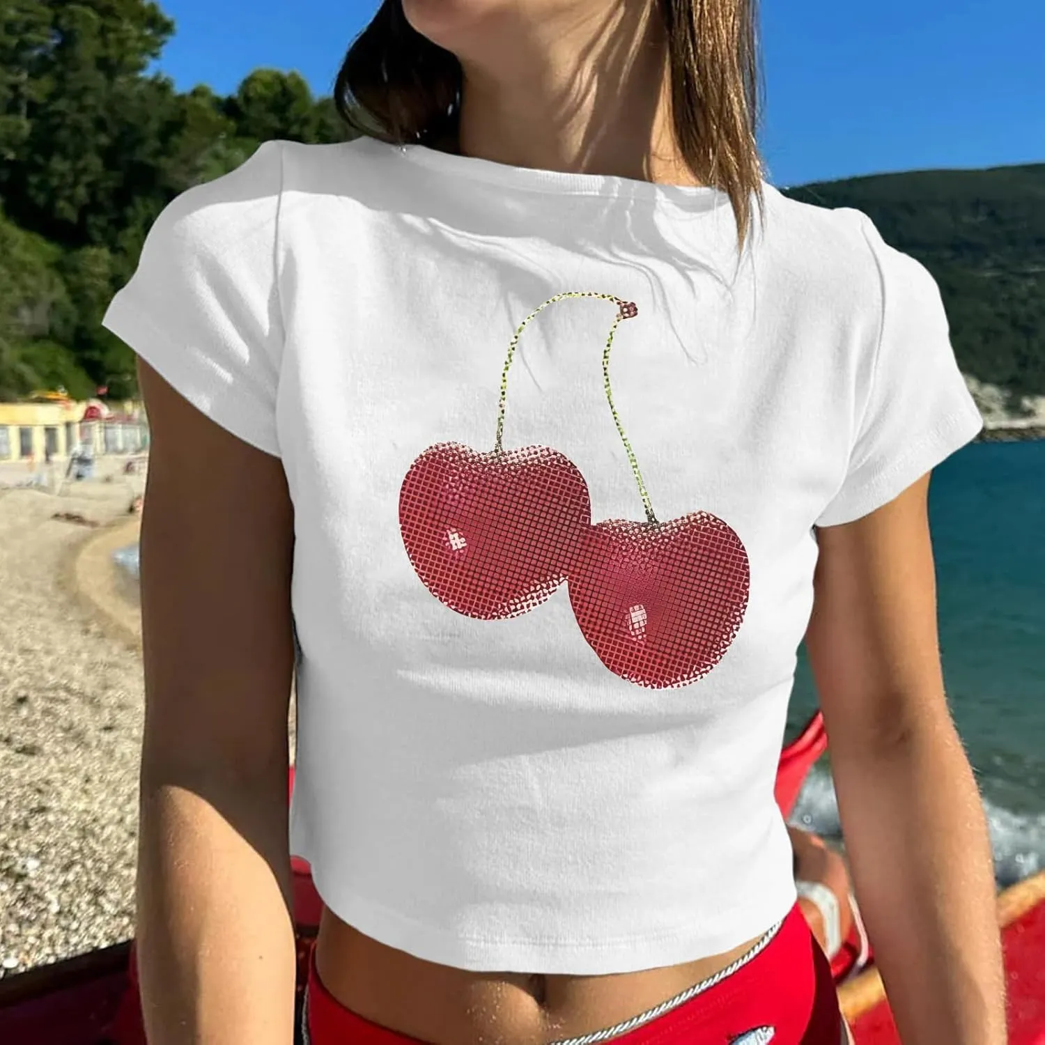 Y2k Shirt Baby Tees for Women Cute Cherry Graphic Cropped Shirt Vintage Print T Shirts 2000s Retro Aesthetic Tee Tops