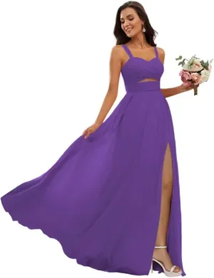 YAUTKA Chiffon Bridesmaid Dresses for Women Slit Long Spaghetti Straps Pleated Sweetheart A Line Formal Party Dress 2024