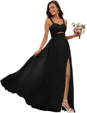 YAUTKA Chiffon Bridesmaid Dresses for Women Slit Long Spaghetti Straps Pleated Sweetheart A Line Formal Party Dress 2024
