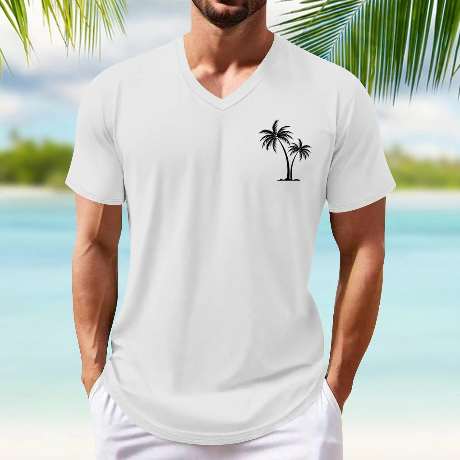 Ymosrh Men's Summer Beach Tee Shirts Short Sleeve Palm Tree T-Shirts Casual V Neck Tee Top Undershirts, S-3XL