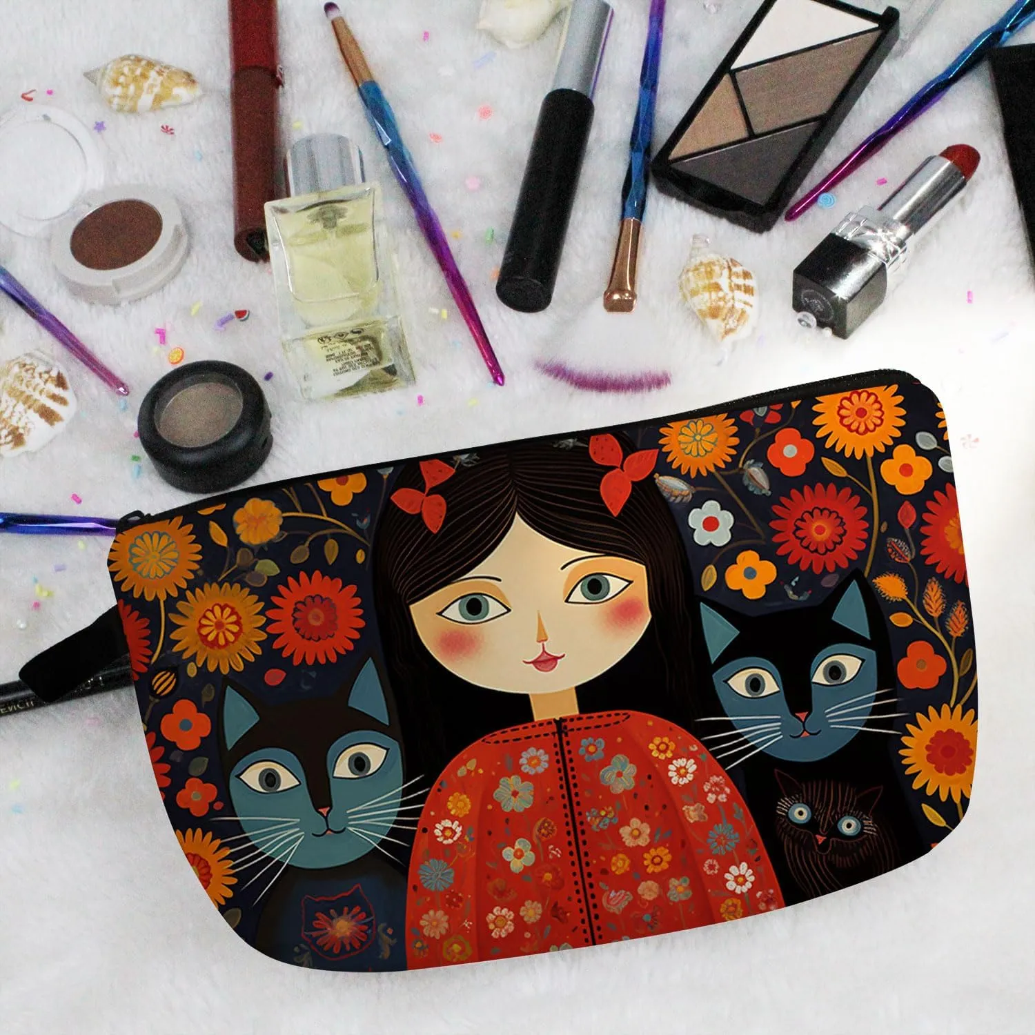 Young Lady with Cats Makeup Bag Folk Art Painting Small Cute Organizer Bag Zipper Pouch Young Lady with Cats Print Cosmetic Bag Present for Women Friends Cat Lovers