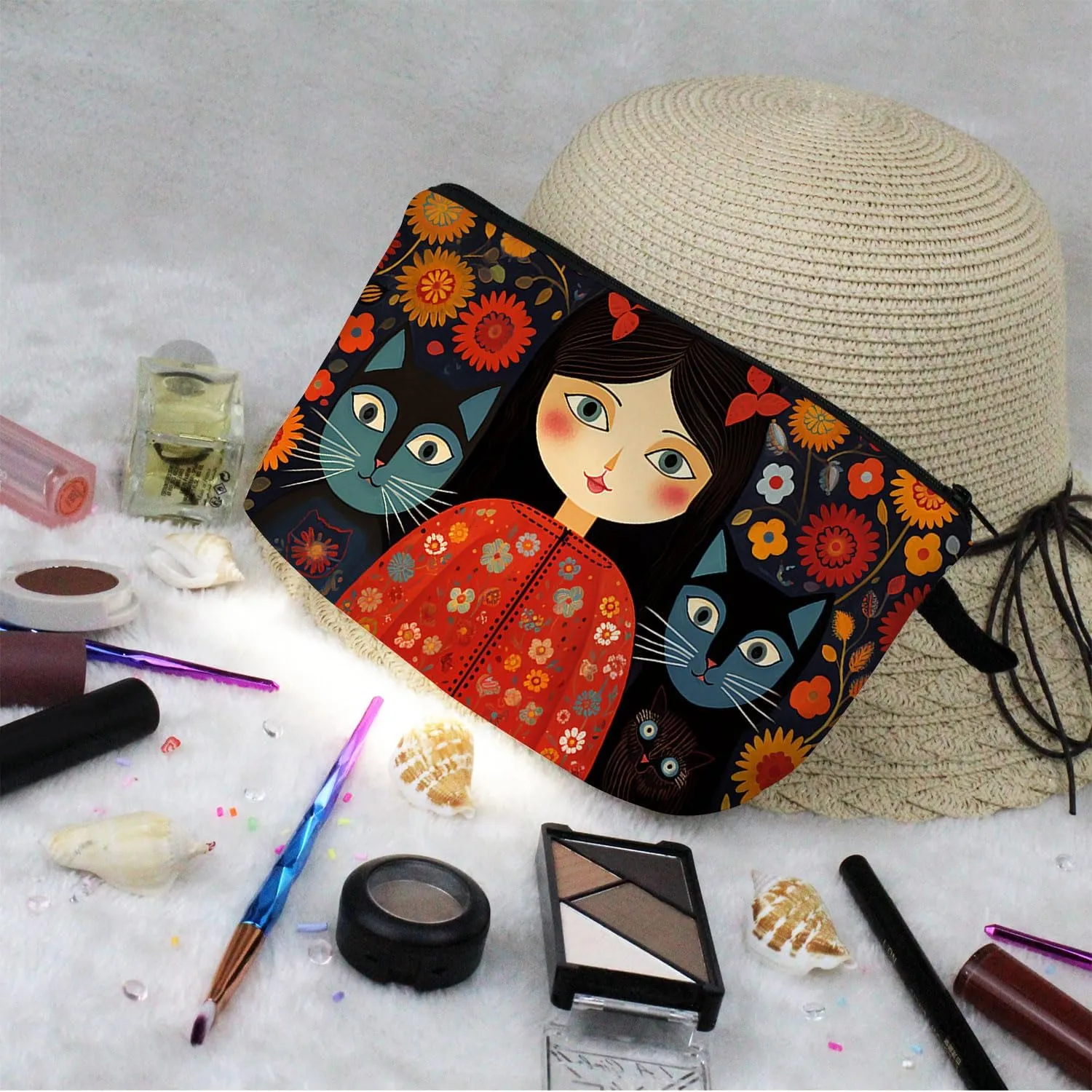 Young Lady with Cats Makeup Bag Folk Art Painting Small Cute Organizer Bag Zipper Pouch Young Lady with Cats Print Cosmetic Bag Present for Women Friends Cat Lovers