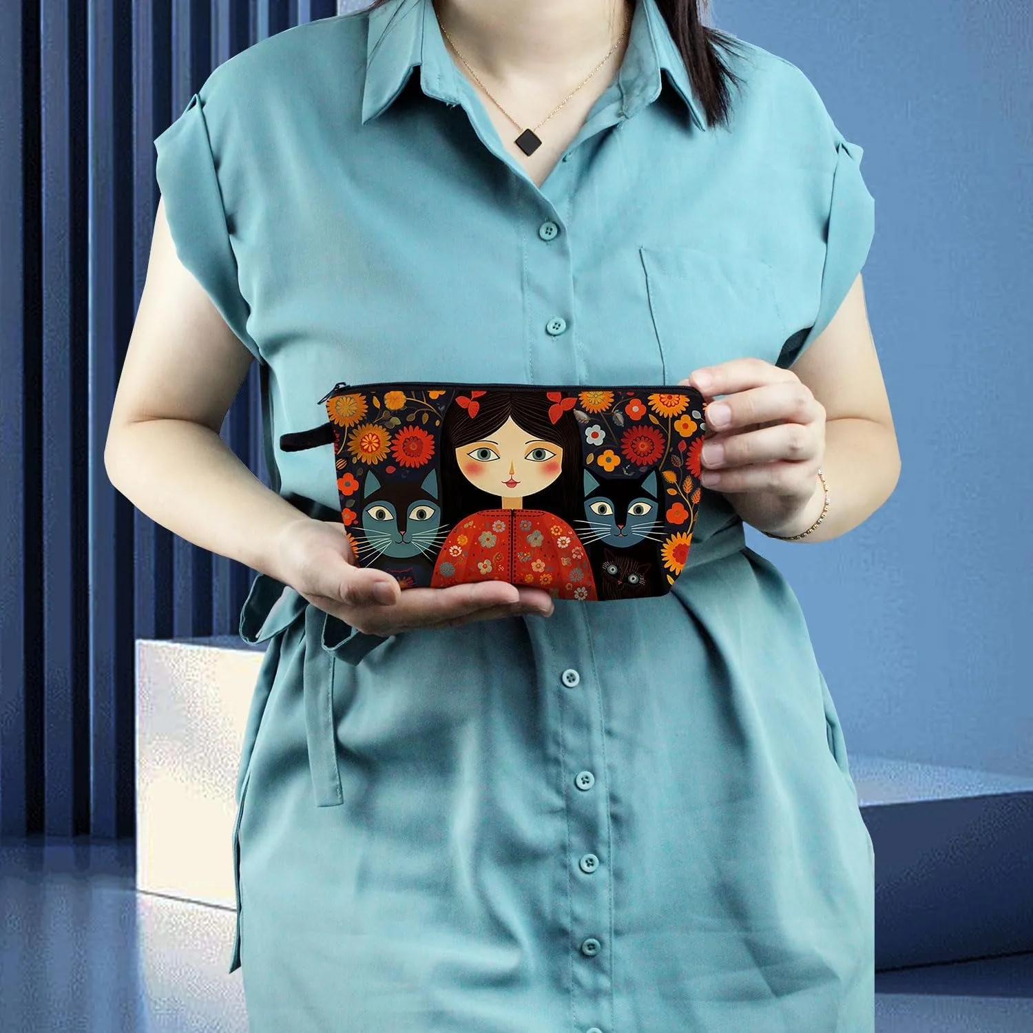 Young Lady with Cats Makeup Bag Folk Art Painting Small Cute Organizer Bag Zipper Pouch Young Lady with Cats Print Cosmetic Bag Present for Women Friends Cat Lovers