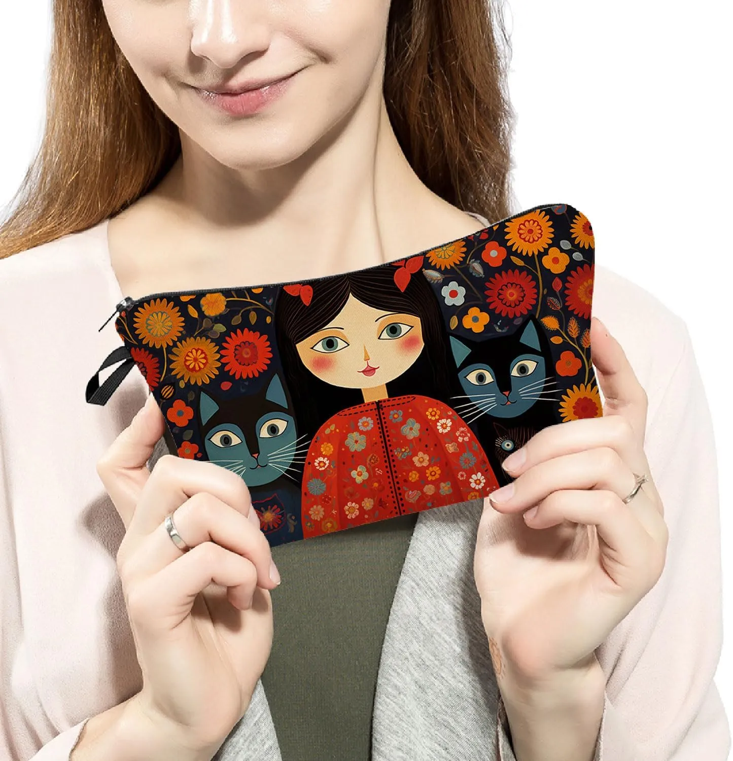 Young Lady with Cats Makeup Bag Folk Art Painting Small Cute Organizer Bag Zipper Pouch Young Lady with Cats Print Cosmetic Bag Present for Women Friends Cat Lovers