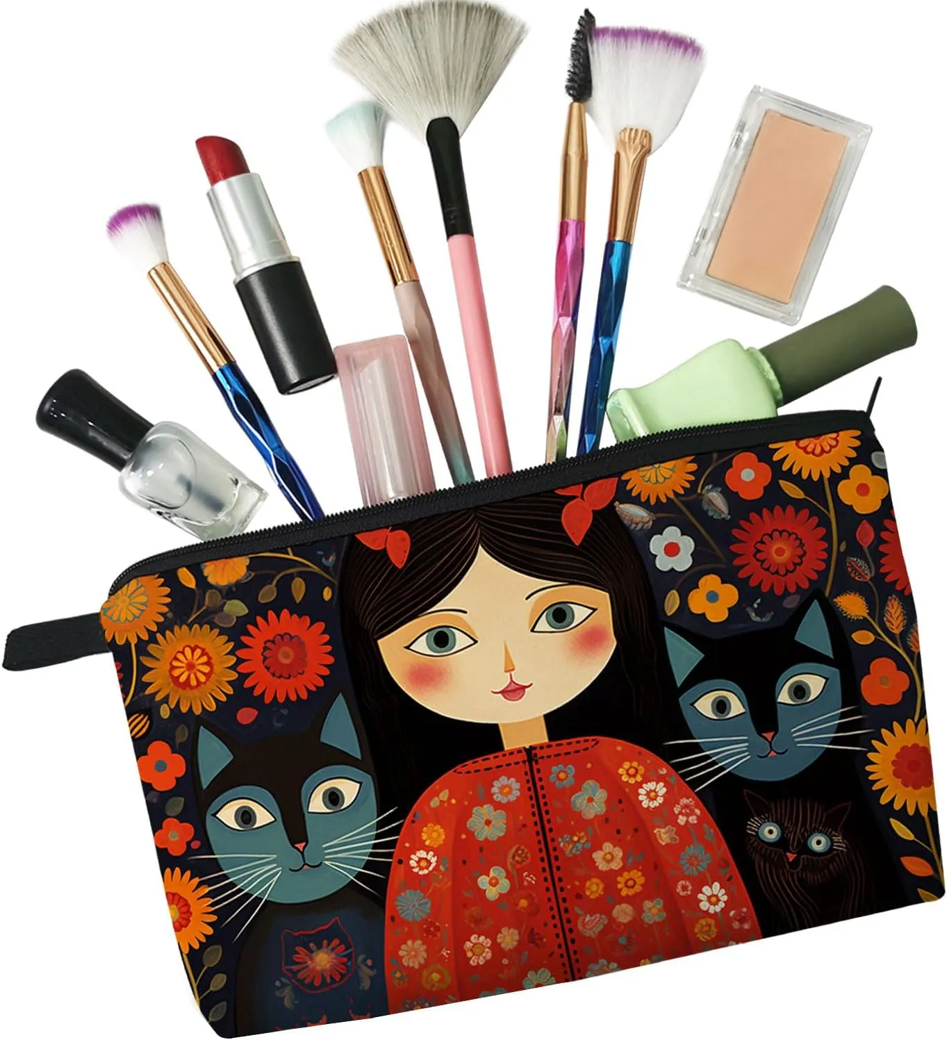 Young Lady with Cats Makeup Bag Folk Art Painting Small Cute Organizer Bag Zipper Pouch Young Lady with Cats Print Cosmetic Bag Present for Women Friends Cat Lovers