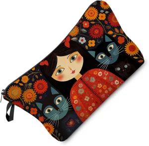 Young Lady with Cats Makeup Bag Folk Art Painting Small Cute Organizer Bag Zipper Pouch Young Lady with Cats Print Cosmetic Bag Present for Women Friends Cat Lovers
