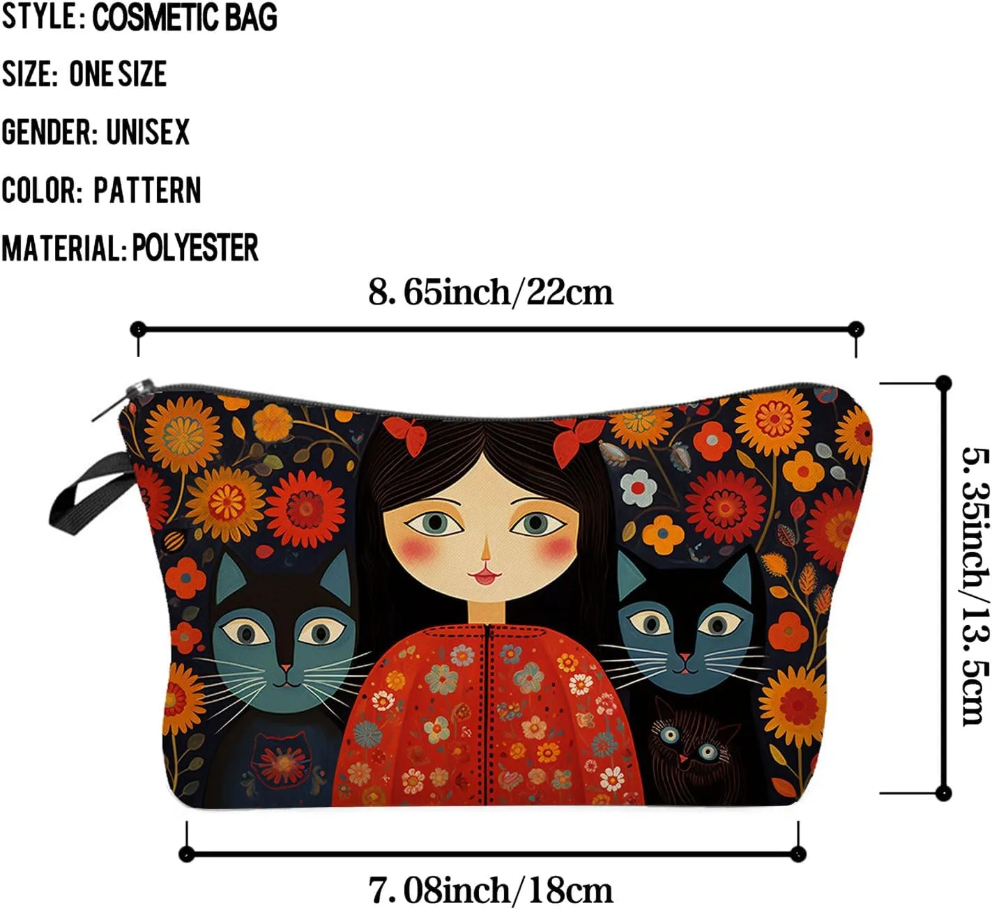 Young Lady with Cats Makeup Bag Folk Art Painting Small Cute Organizer Bag Zipper Pouch Young Lady with Cats Print Cosmetic Bag Present for Women Friends Cat Lovers