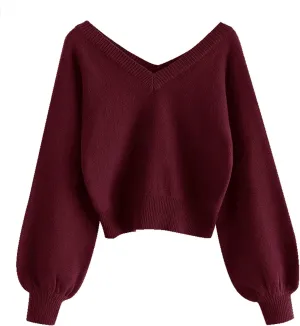 ZAFUL Women's Cropped Sweater V-Neck Long Sleeve Crop Sweater Pullover Jumper Knit Top