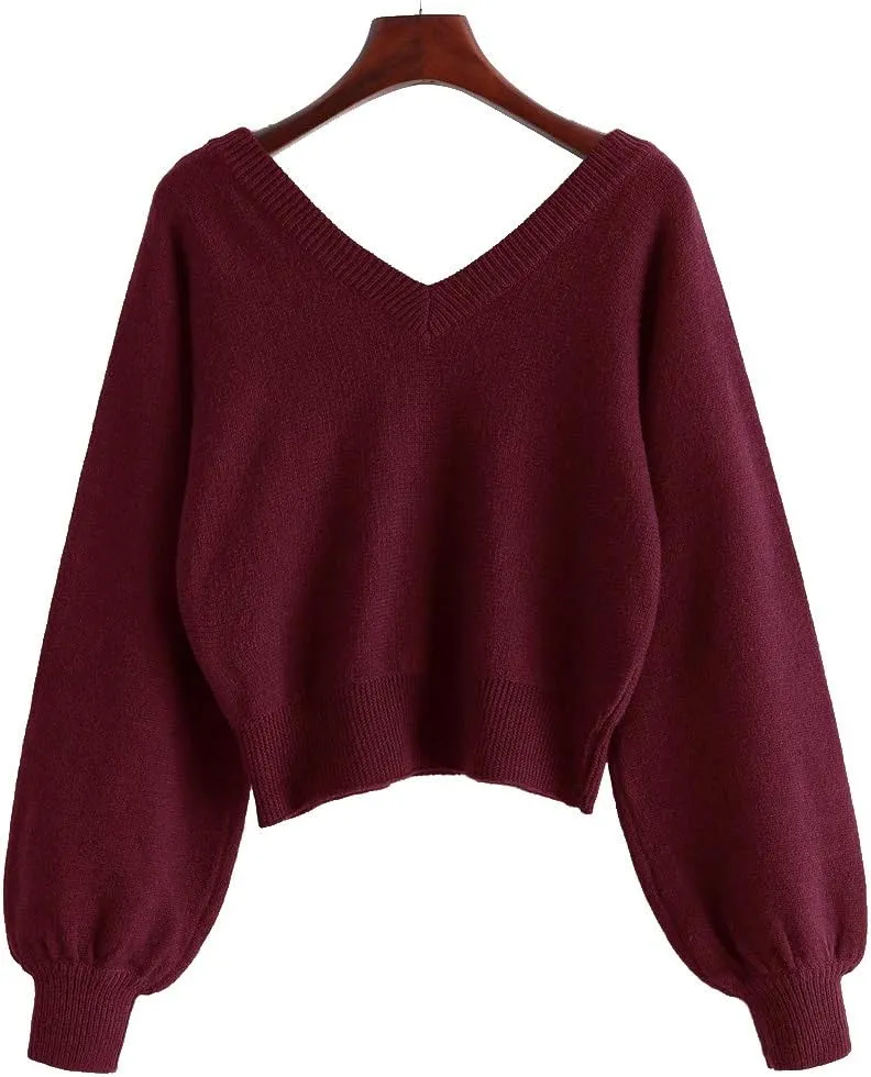 ZAFUL Women's Cropped Sweater V-Neck Long Sleeve Crop Sweater Pullover Jumper Knit Top