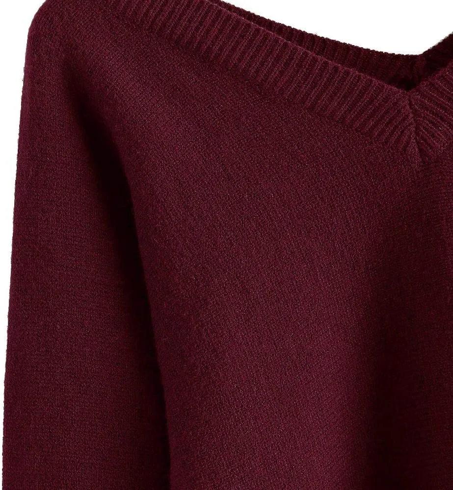ZAFUL Women's Cropped Sweater V-Neck Long Sleeve Crop Sweater Pullover Jumper Knit Top