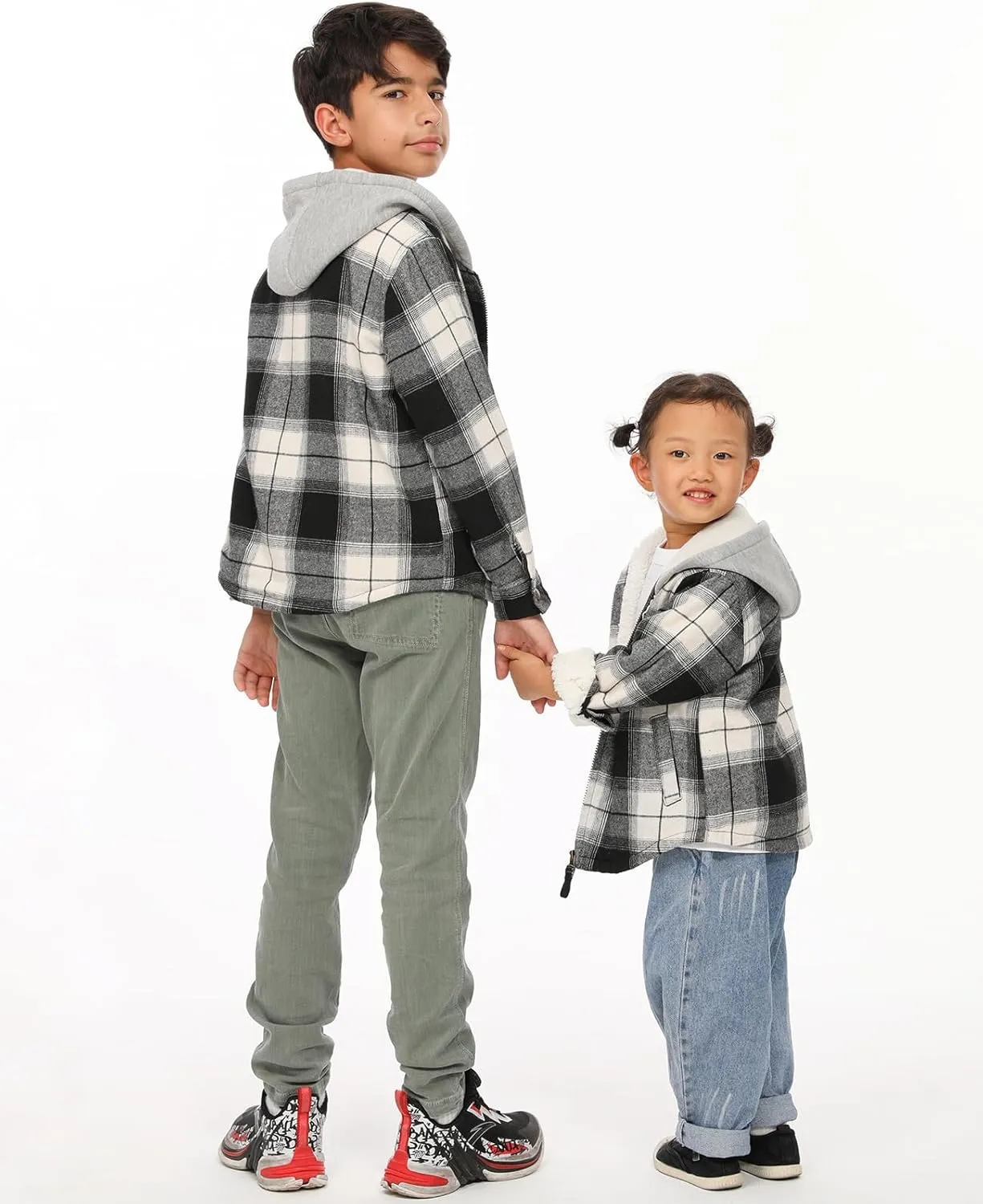 ZENTHACE Kids Toddler Boys Girls Warm Sherpa Lined Plaid Flannel Shirt Jacket,Full-Zip Hooded Sweatshirt