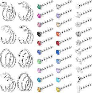 ZS Stainless Steel Nose Studs Nose Rings Hoop 20G Nose Bone/L Shaped/Nose Screw Rings Set Body Jewelry Piercing Fake Nose Rings for Women
